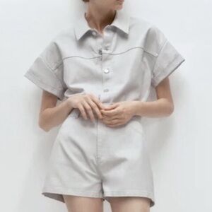 Zara Shimmer Denim Shortall Metallic Silver Cotton Romper Women's XS